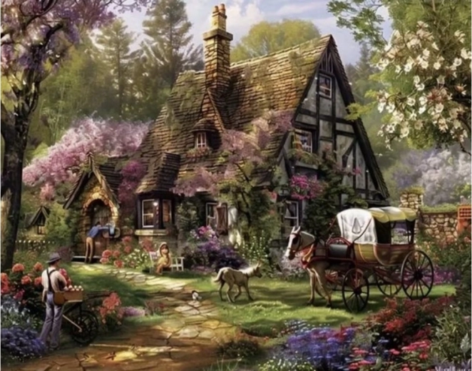 Diamantové malování – venkovská chalupa 30 × 40 cm