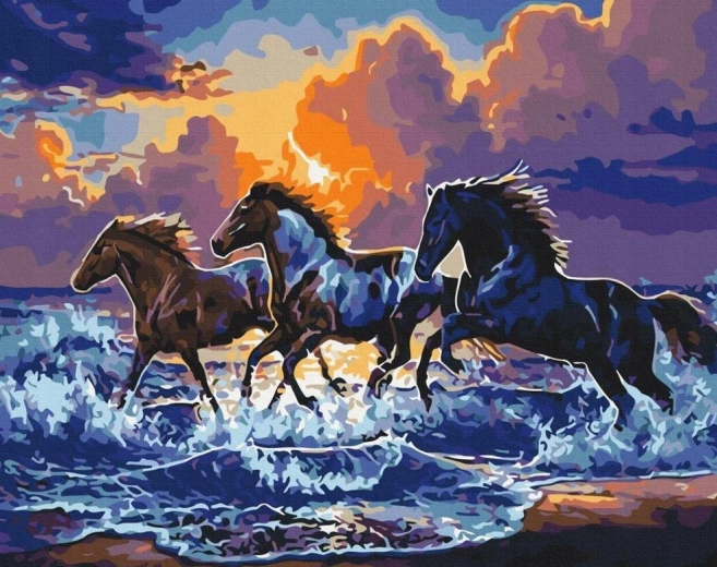 Diamantové malování – divocí koně na pláži 30 × 40 cm
