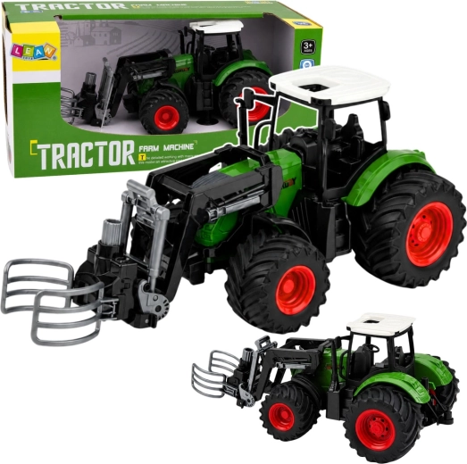 Farmářský traktor s čelním nakladačem a kleštěmi na balíky 1:24, zelený