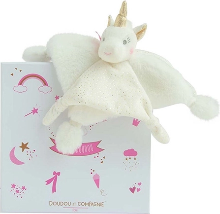 Doudou dárková sada – plyšový muchláček jednorožec 22 cm