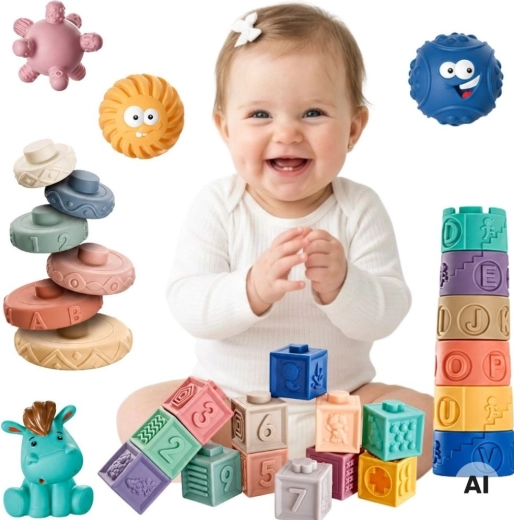 Woopie Baby měkké senzorické kostky a míčky 27 ks