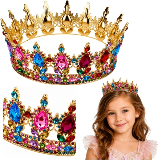 Zlatá metalová korunka pro princeznu s barevnými krystaly (12,5 cm)