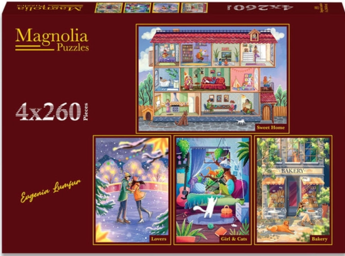Magnolia sada puzzle Sladký domov, zamilovaný pár, dívka s kočkami a voňavá pekárna 4×260 dílků