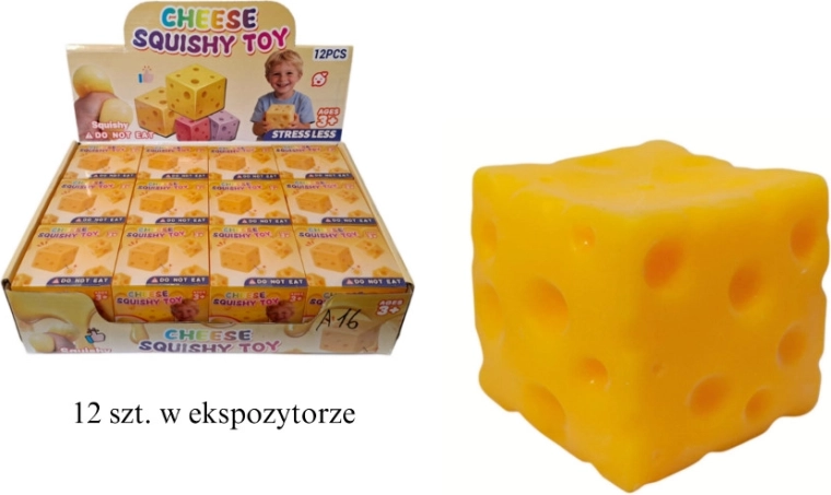 Antistresový mačkací míček ve tvaru sýra (kostka 6 × 6 × 6 cm)