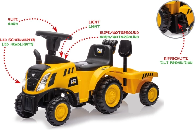 Dětské odstrkovadlo CAT traktor s přívěsem 2 v 1 žluté