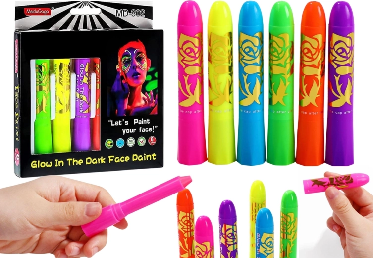 Neonová souprava na malování obličeje, fluorescenční pastelky, 6 ks
