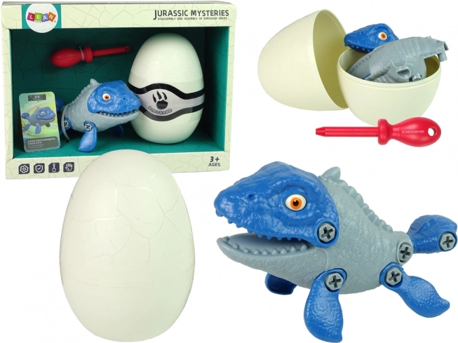 Sada dinosaurus mosasaurus s vajíčkem DIY se šroubovákem – modrá