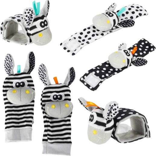 Kojenecké chrastící ponožky a náramky zebra - 4 ks