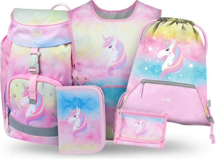 Baagl set 5 Airy Rainbow Unicorn – školní batoh, penál, sáček, zástěra a peněženka