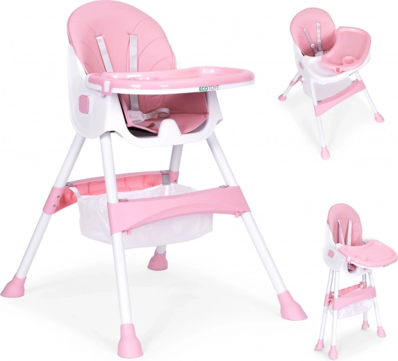 Jídelní židlička s podnosem a košíkem, 5bodový pás, ECOTOYS – Růžová