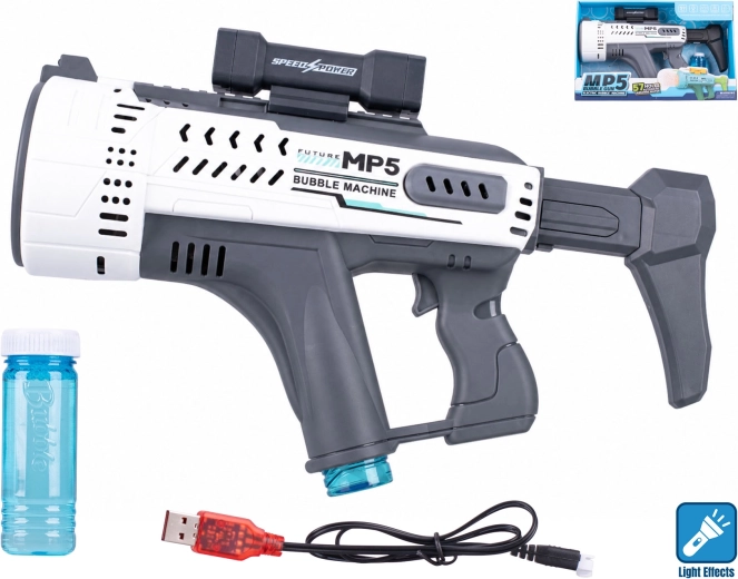 Bílá bublifuková pistole ve stylu MP5 se světelným efektem 44 cm