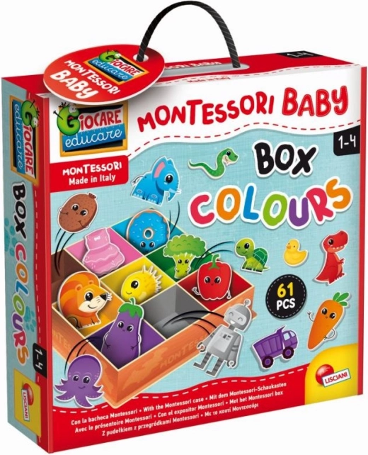 MONTESSORI barevná vkládací krabička pro batolata – 61 ks