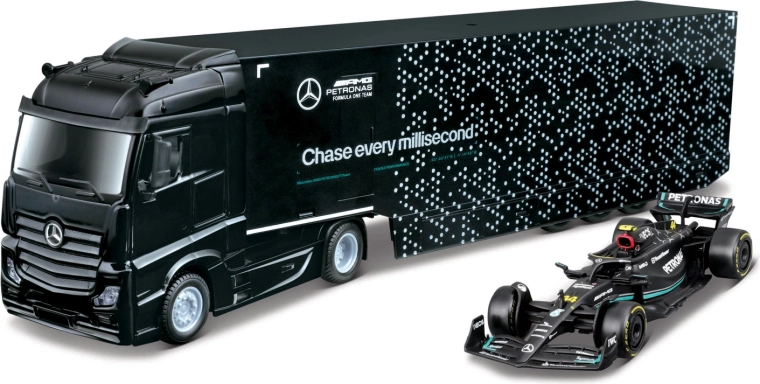 Bburago tahač s návěsem pro F1 a model Mercedes-AMG Petronas W15 (2024) George Russell 1:43