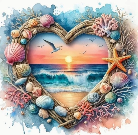 Diamantové malování srdce s výhledem na pláž 30 × 40 cm