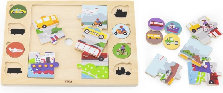 Viga dřevěné puzzle s přiřazováním stínů – dopravní prostředky