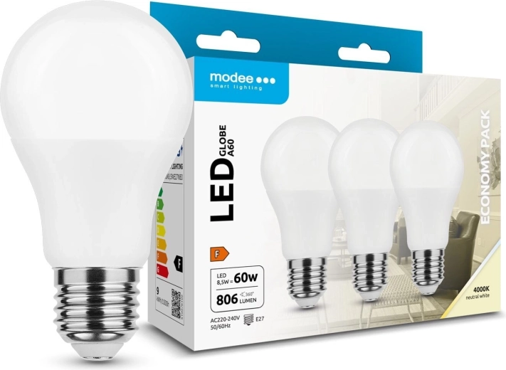 Modee LED žárovka Globe A60 8,5 W E27, 806 lm, neutrální bílá, balení 3 ks