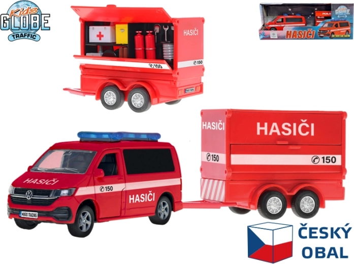 Kids Globe Traffic hasičská dodávka Volkswagen s přívěsem, český design