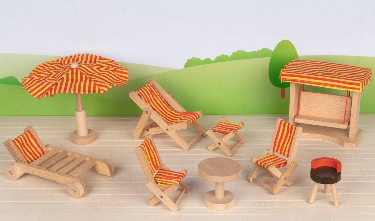 Zahradní nábytek pro domeček pro panenky – houpačka a doplňky (9 dílů)
