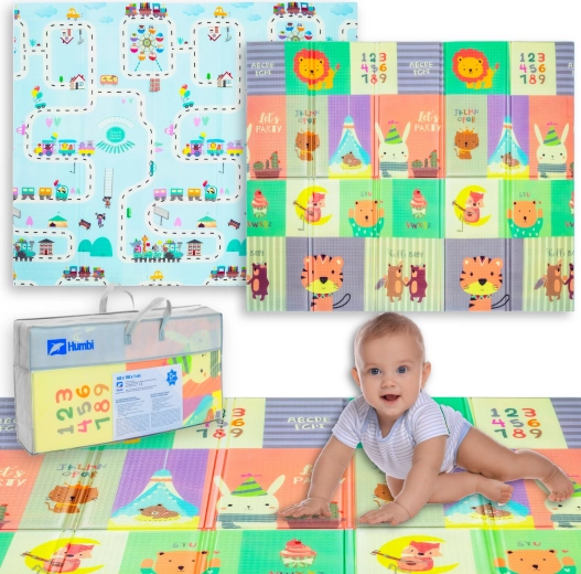 Humbi oboustranná skládací pěnová podložka pro děti 180 × 150 × 1 cm se zvířátky a silnicemi