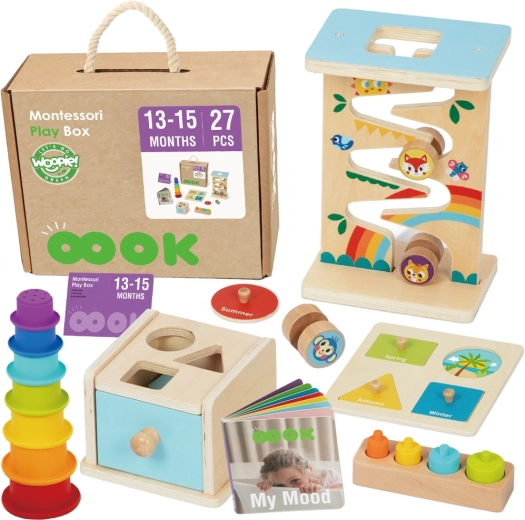 Woopie green montessori box 6 v 1 dřevěný vzdělávací set pro děti 13–15 měsíců