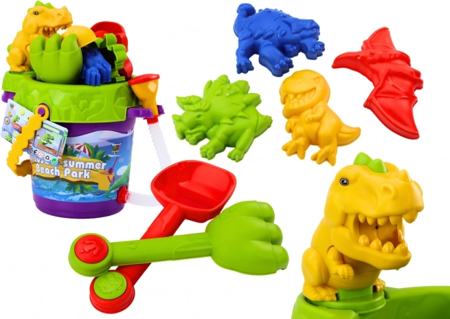 Dětský pískový set dinosauři – kyblík se sprškou, konvička a formičky