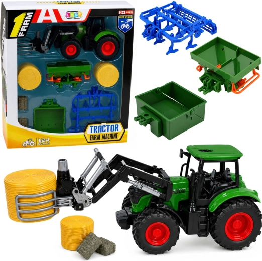 Farmářský set traktor s čelním nakladačem a kleštěmi na balíky 1:24