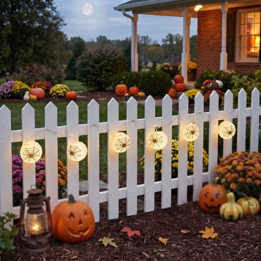 Halloweenský světelný řetěz s pavučinovými lampiony