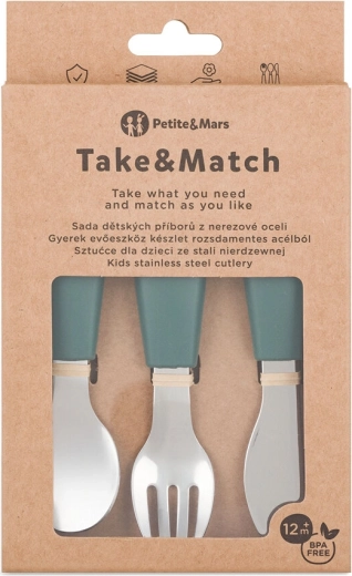 Petite&Mars sada dětských příborů z nerezové oceli Take&Match misty green 12m+