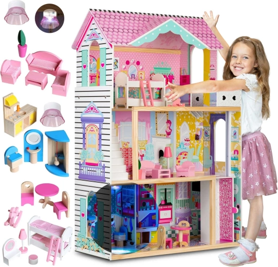 Ricokids velký dřevěný domeček pro panenky 3patrový s výtahem a LED lampičkami