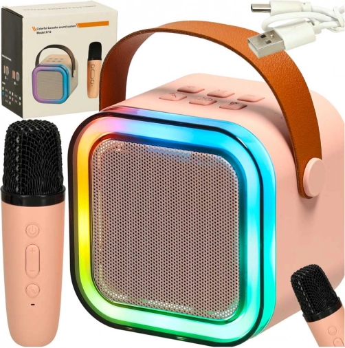 Růžová karaoke sada s Bluetooth reproduktorem, mikrofonem a LED