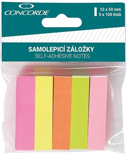 Samolepicí záložky neon 12 × 50 mm, 5 × 100 listů