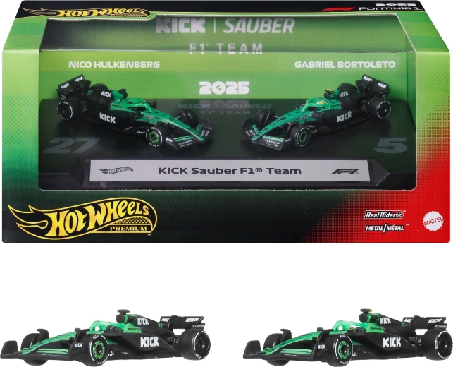 Hot Wheels Premium Formula 1 KICK Sauber sada 2 kovových monopostů F1 Nico Hülkenberg a Gabriel Bortoleto