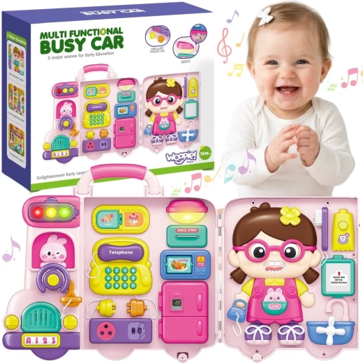 Woopie interaktivní manipulační tabule Busy car 3v1 v kufříku se zvukem a světlem