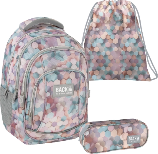 Školní set BackUP geometric beige 3v1 – batoh, penál a vak