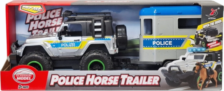 Policejní terénní auto s přívěsem pro koně se světlem a zvukem