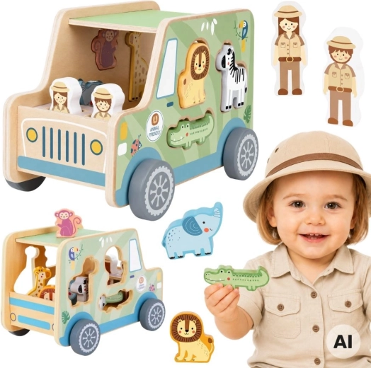 Dřevěné safari auto s vkládacími zvířátky Tooky Toy