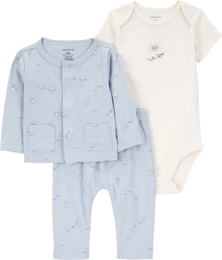 Carter’s dětský set 3 ks – mikina, body s krátkým rukávem a tepláčky Blue Airplane (chlapecký, vel. 56)