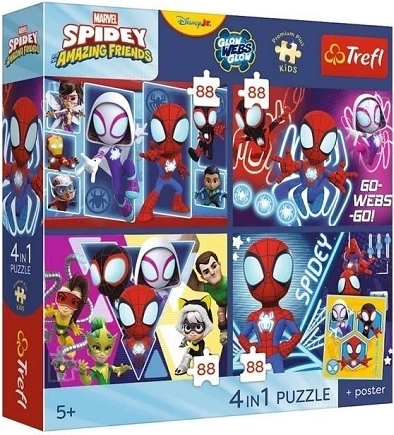 Trefl Spidey a jeho úžasní přátelé – sada puzzle 4×88 dílků s plakátem