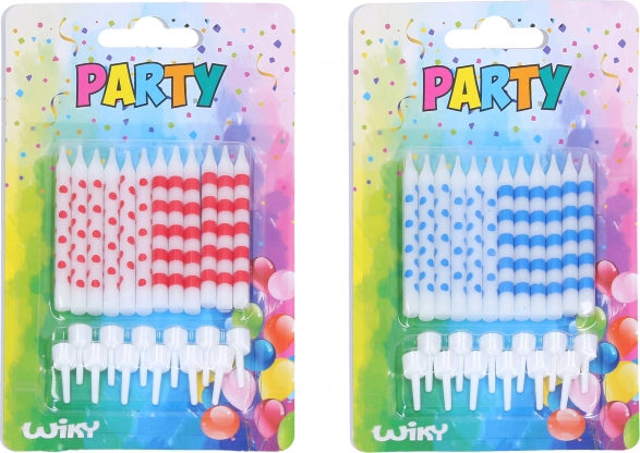 Narozeninové svíčky s puntíky a proužky, 12 ks + stojánky