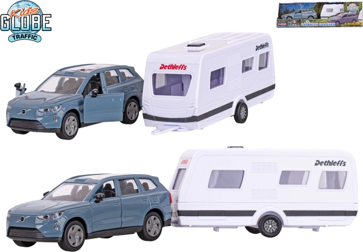 Kids Globe Traffic Volvo EX90 s karavanem Dethleffs – kovový model s pull-back pohonem