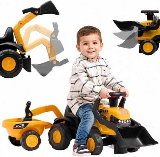 Dětské odrážedlo JCB s přívěsem, lopatkou a hráběmi