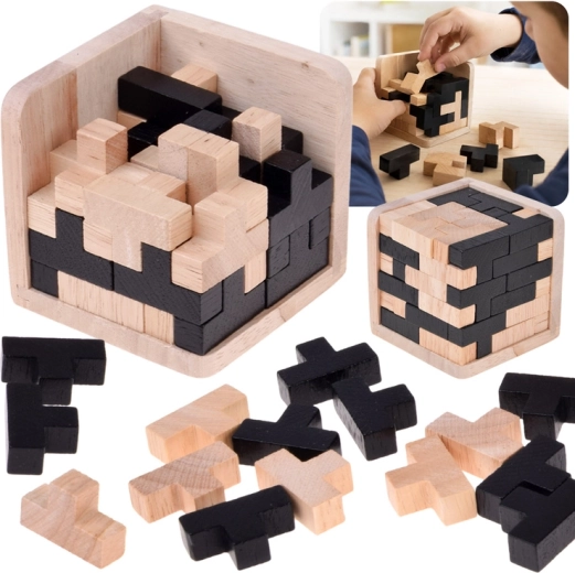 Dřevěná 3D logická kostka Tetris černo-přírodní