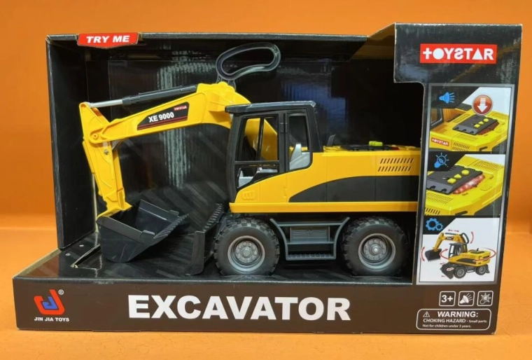 Žlutá stavební hračka – bagr s pohyblivými lžícemi