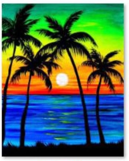 Diamantové vyšívání (diamond painting) palmy – západ slunce 30 × 40 cm