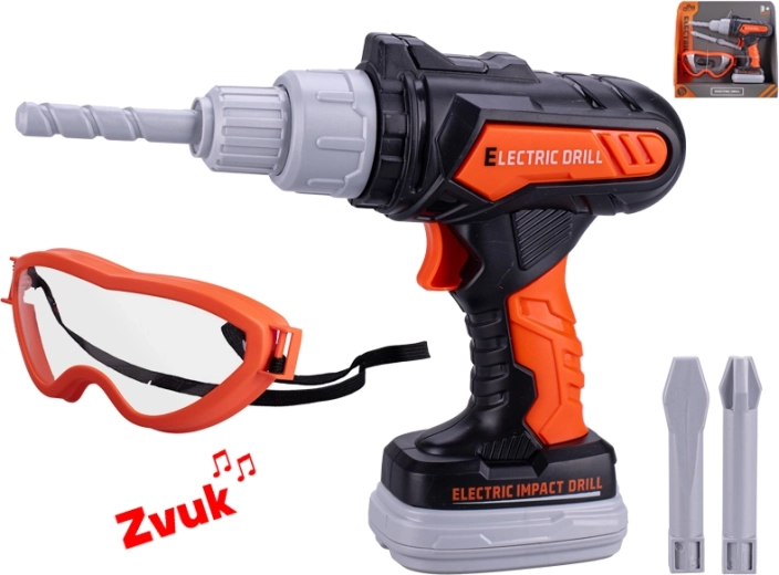 Dětská příklepová vrtačka na baterie se zvuky a brýlemi