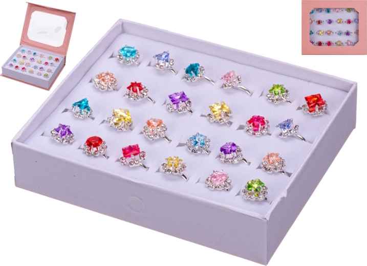 Sada dětských kovových prstýnků s barevnými kamínky, 24 ks