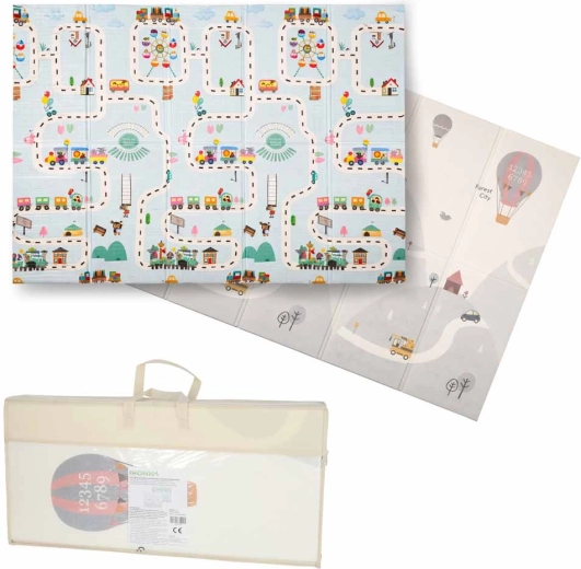 Skládací oboustranná pěnová edukativní podložka 150 × 200 cm – ulice a balónky