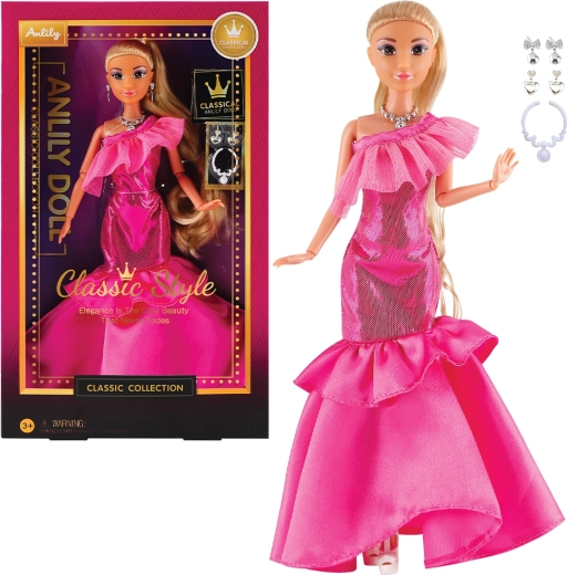 Módní panenka ve společenských šatech – tmavě růžové