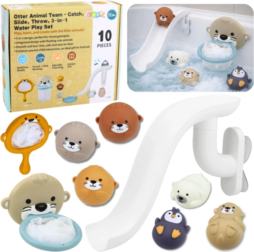 Sada koupacích hraček vydra a zvířátka se skluzavkou a síťkou, 10 dílů