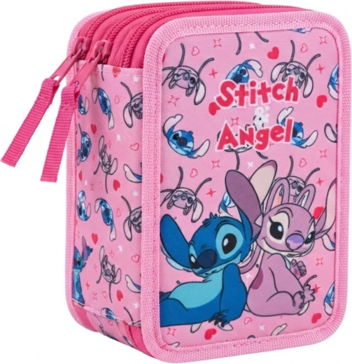 Třípatrový vybavený školní penál Lilo & Stitch Stitch a Angel, růžový
